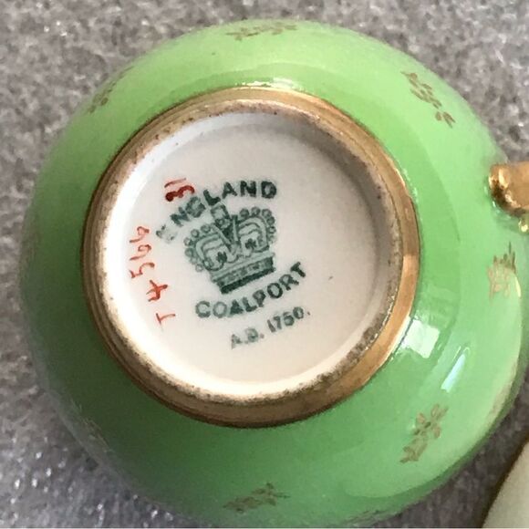 Coalport England Green Gold Gilt Embossed Trim Floral Demitasse Cup & Saucer Set - Picture 14 of 16